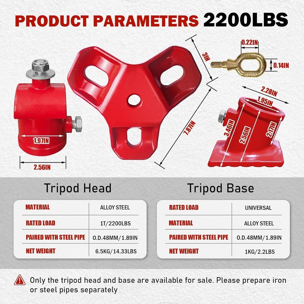 Tripod Head and Base Set for Lifting Chain Hoist 2200lbs Stable Rotating Ring
