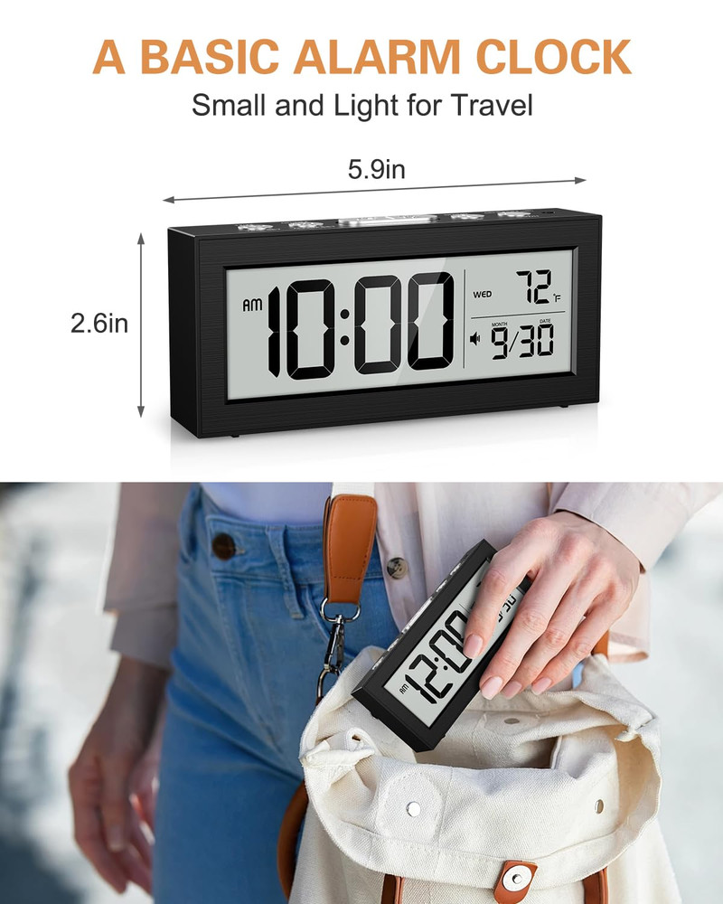 Battery Powered Digital Clock, LCD Digital Clock with Date & Temp Display, 5 Ala