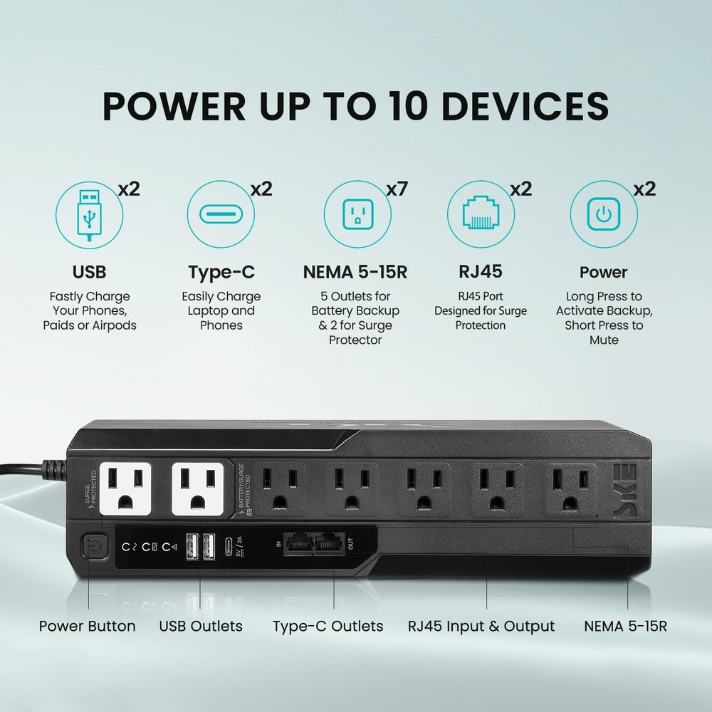 Compact Size 625VA/360W UPS Battery Backup & Surge Protector for Computer, Ro...