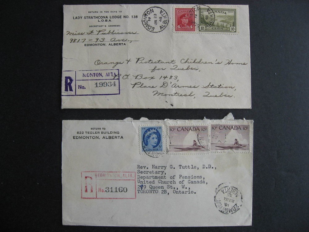 Canada registered covers AB Alberta 1948 and 1955 Both opened on 3 sides