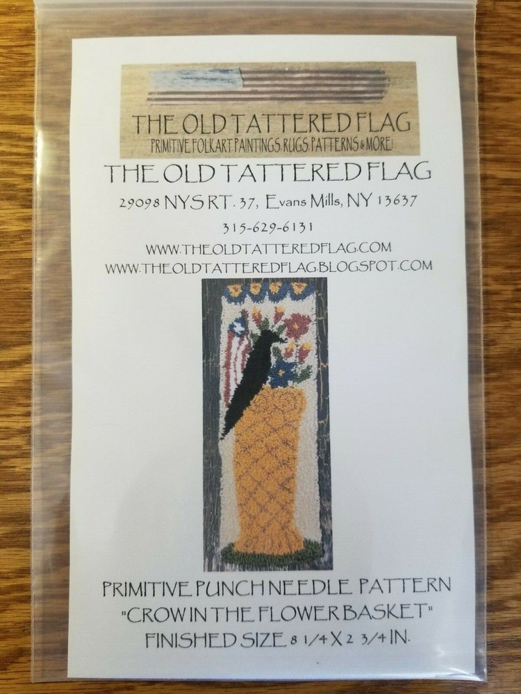 The Old Tattered Flag Punch Needle pattern ~ Crow in the flowerbasket