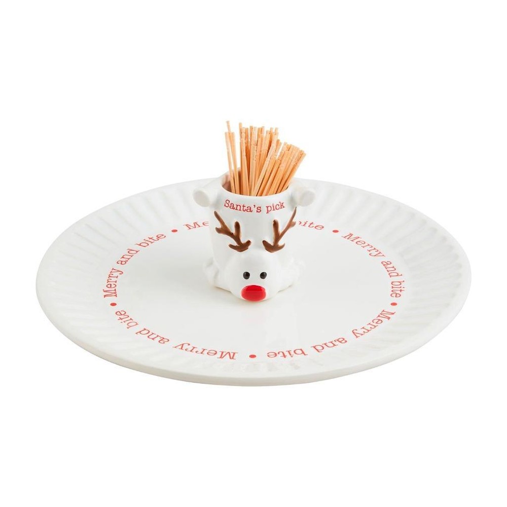 Mud Pie MERRY AND BITE Circa Appetizer Serving Plate Reindeer Toothpick Holder