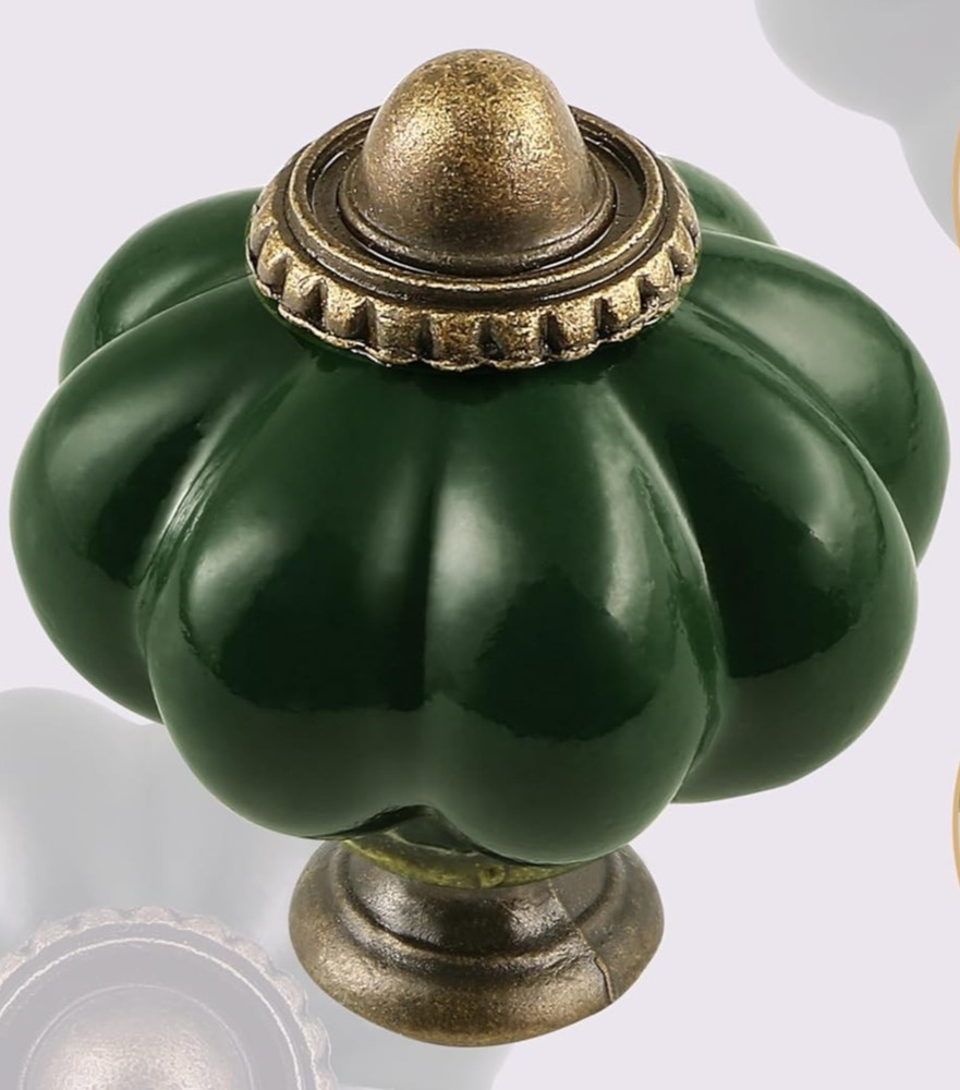 4; DARK GREEN GLASS Cabinet Drawer Knobs Depression Antique Brass Hardware