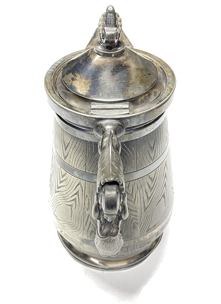 Large antique Wilcox Silver Co quadruple Lined Pitcher Maiden Handle, Frog READ