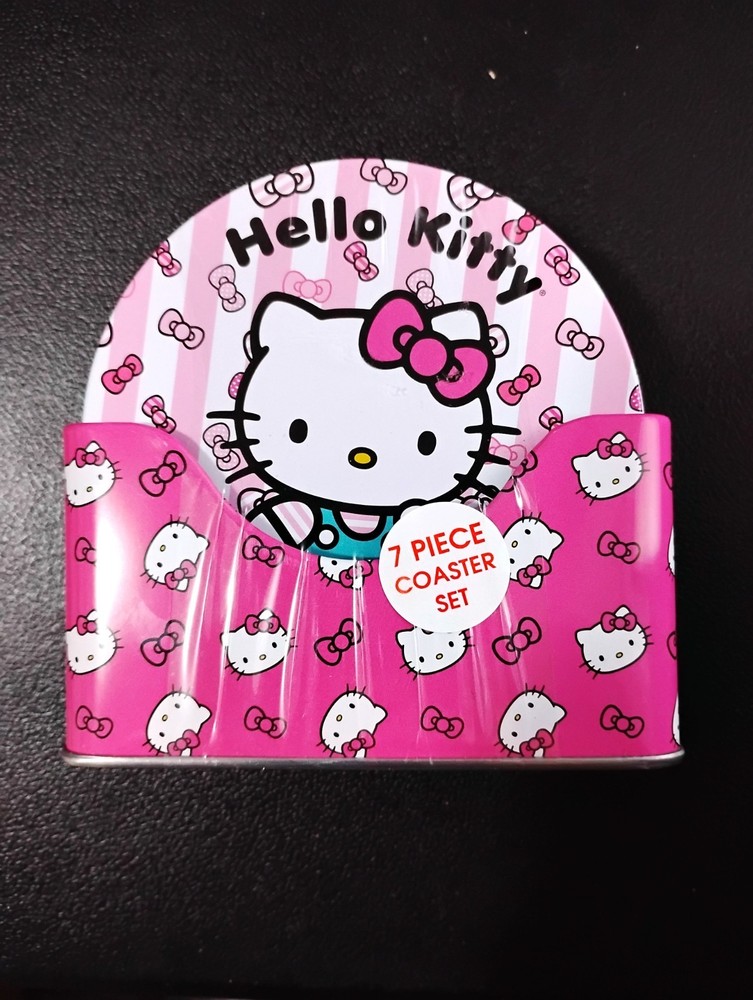 Hello Kitty Cute Pink & White Striped 7 Pc Tin/Cork Coaster Set