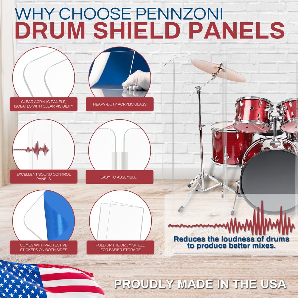 Drum Shield, Premium Acrylic Drum Screen, Five Panels 2 x 5ft with Living Hinges