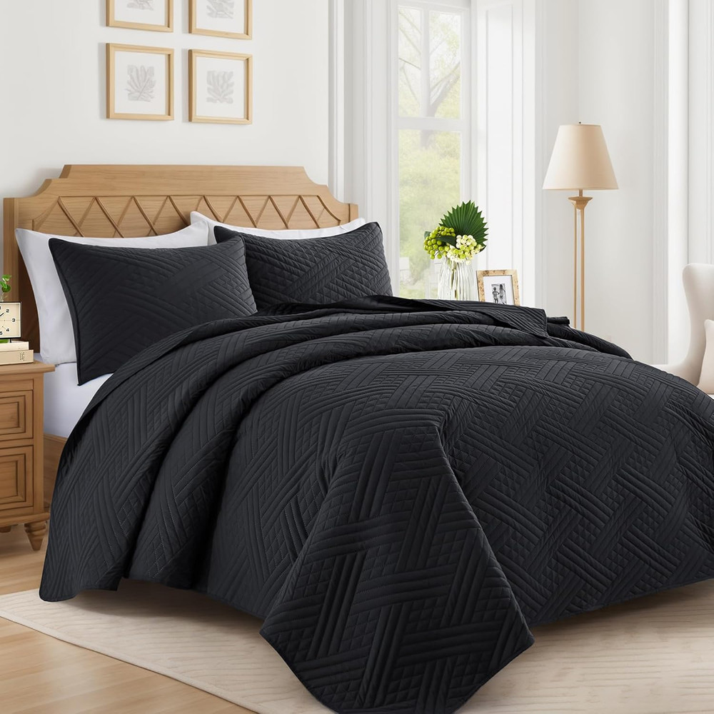 Black Oversized Cal King Quilt Set Striped Lightweight Bedspread 3Pc
