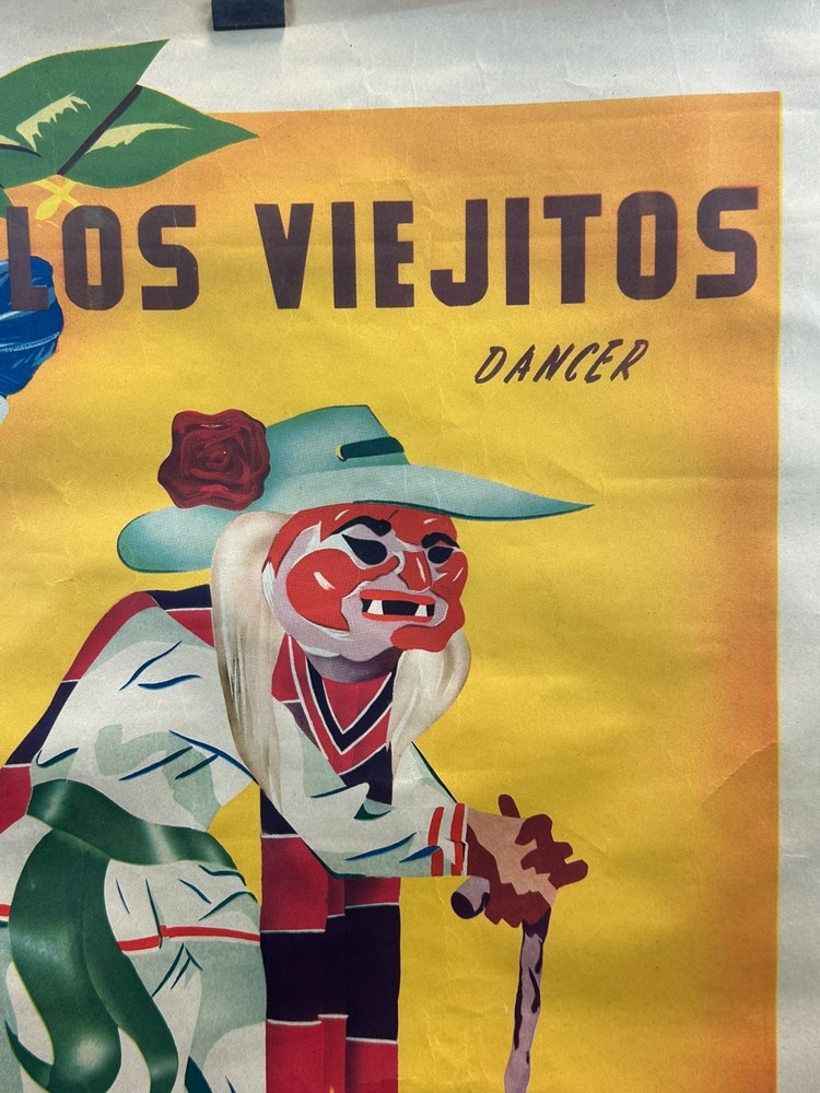 Vtg 50s Garden of Mexico Los Viejitos Dancer Original Tourism Poster 23"x35" O1