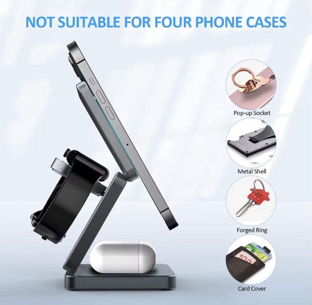 3 in 1 Silver Magnetic Foldable Wireless Fast Charging Stand for iPhone/Samsung