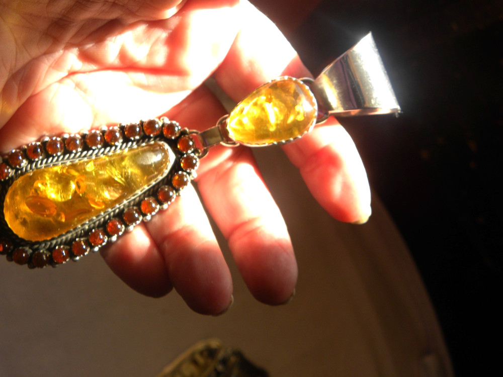AMBER CORAL STERLING PENDANT ERECKA LEE  DRAMATIC!  4-1/2
