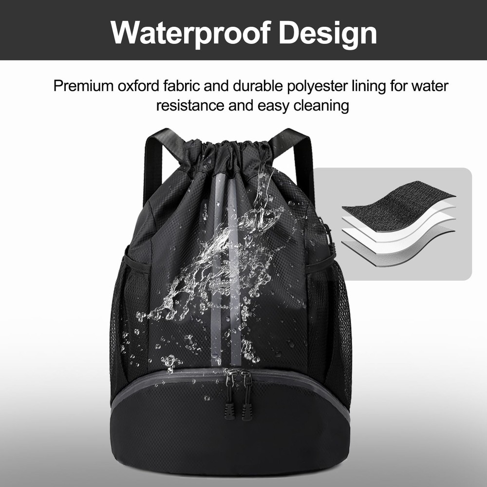 Hoedia Sports Drawstring Backpack - String Swim Gym Bag with Large, Black