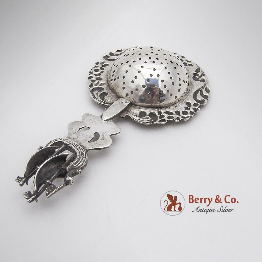 Figural Ship Handled Tea Strainer Dutch Second Standard Silver 1910