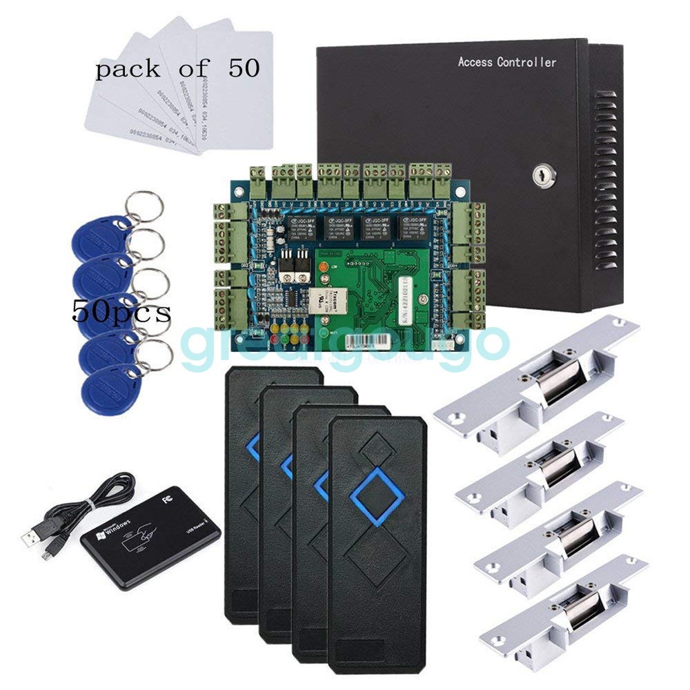 TCP/IP 4 Door Access Control Panel Kit Strike Lock Power Supply Box RFID Reader