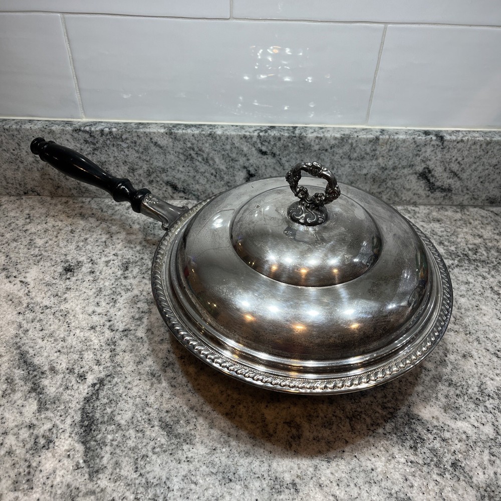 Silverplate Covered Serving Dish 3 Pc.~Pyrex Vintage Wood Handle~EUC~RARE￼