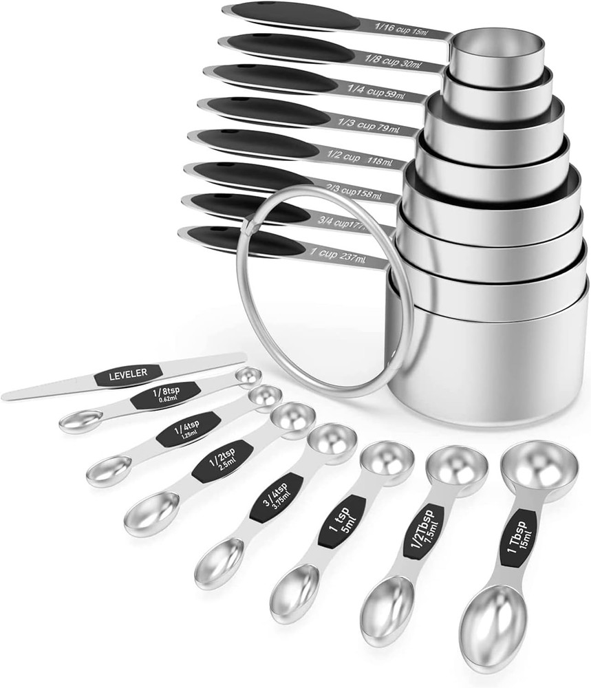 16Pc Stainless Steel Measuring Cups Set 8 Measuring Cups & 7 Double-Sided