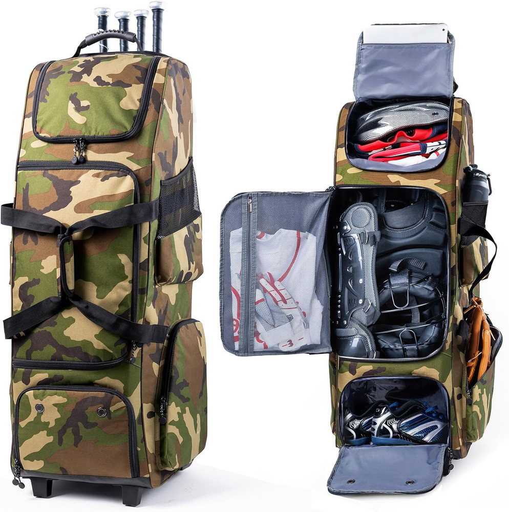 Upgraded Rolling Baseball Bag with Sturdy Hard Backing - Large Softball Bag with