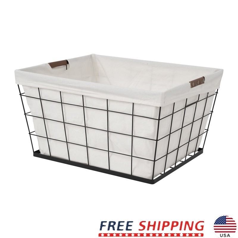60L Rectangular Steel Wire Laundry Basket W/ Removable Fabric Liner Adults New