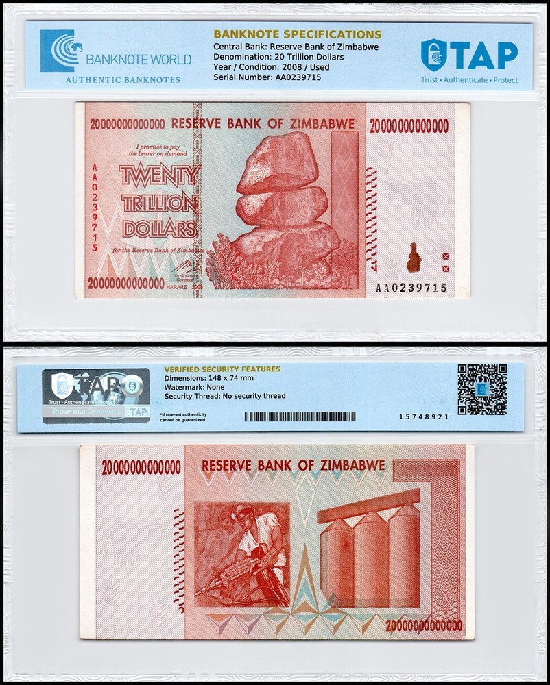 Zimbabwe 20 Trillion Dollars, 2008, AA, P-89, Used, Authenticated