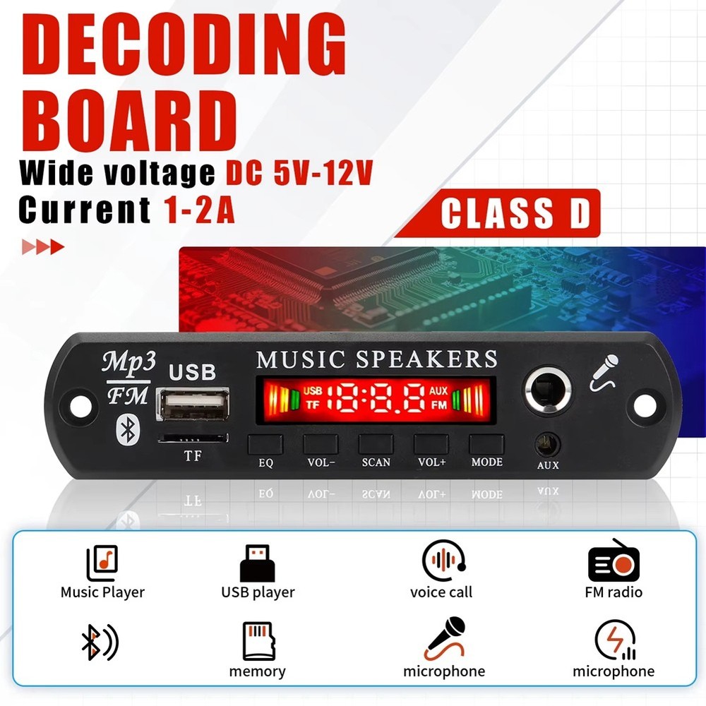 12V MP3 Decoder Board Bluetooth 5.0 Wireless Car Audio Microphone USB TF-R6434