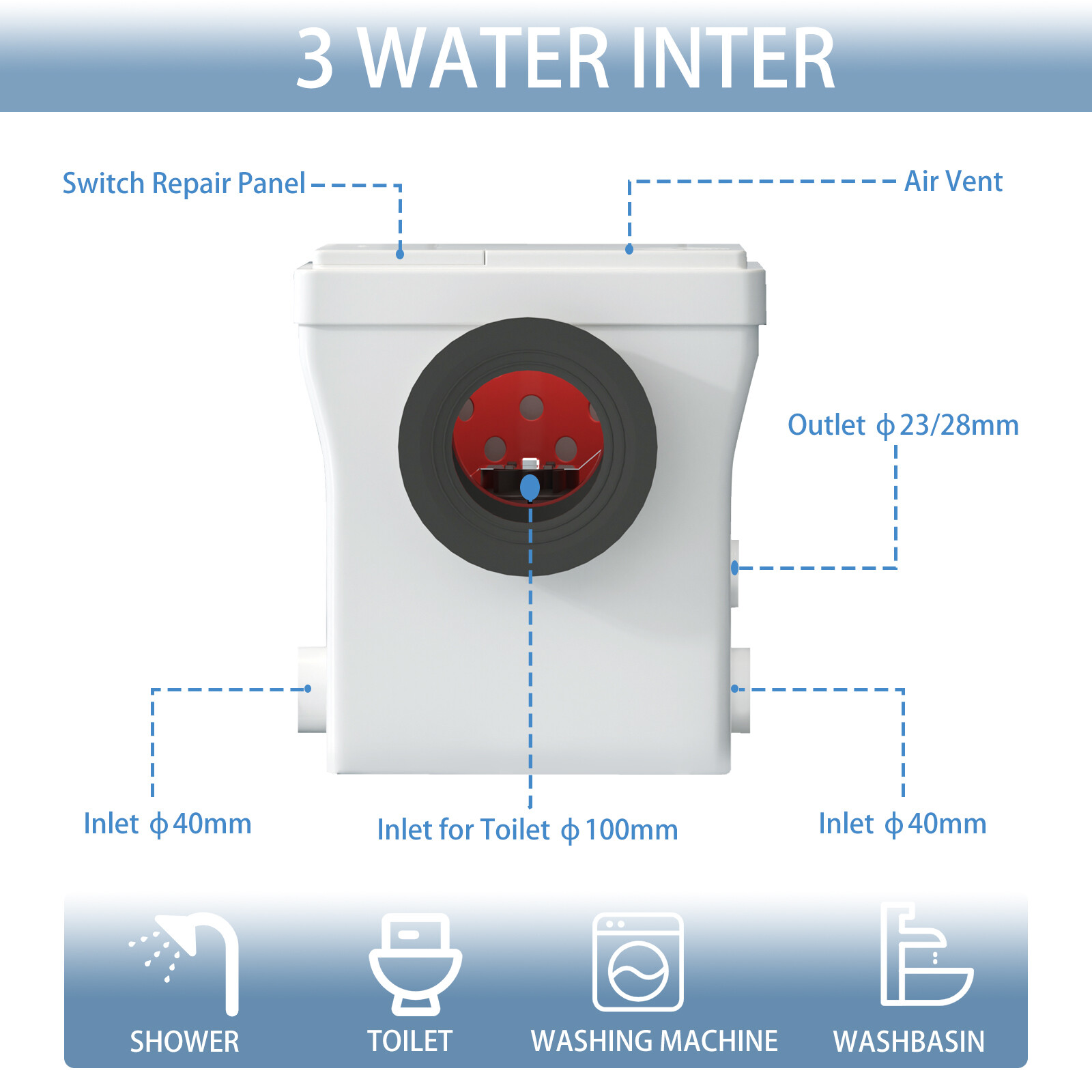 600W One Piece Macerating Toilet System Upflush Toilet with Pump 3 Inlets
