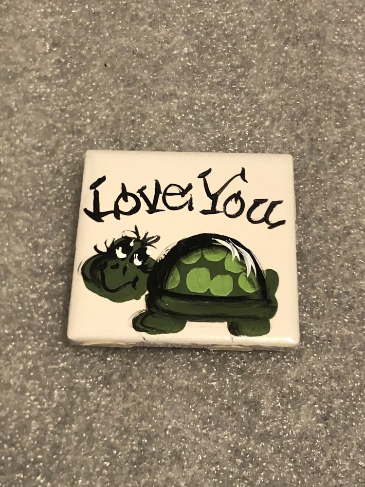 Green Turtle Refrigerator Magnet ~ Hand Painted ~ “I Love You” Ceramic Tile
