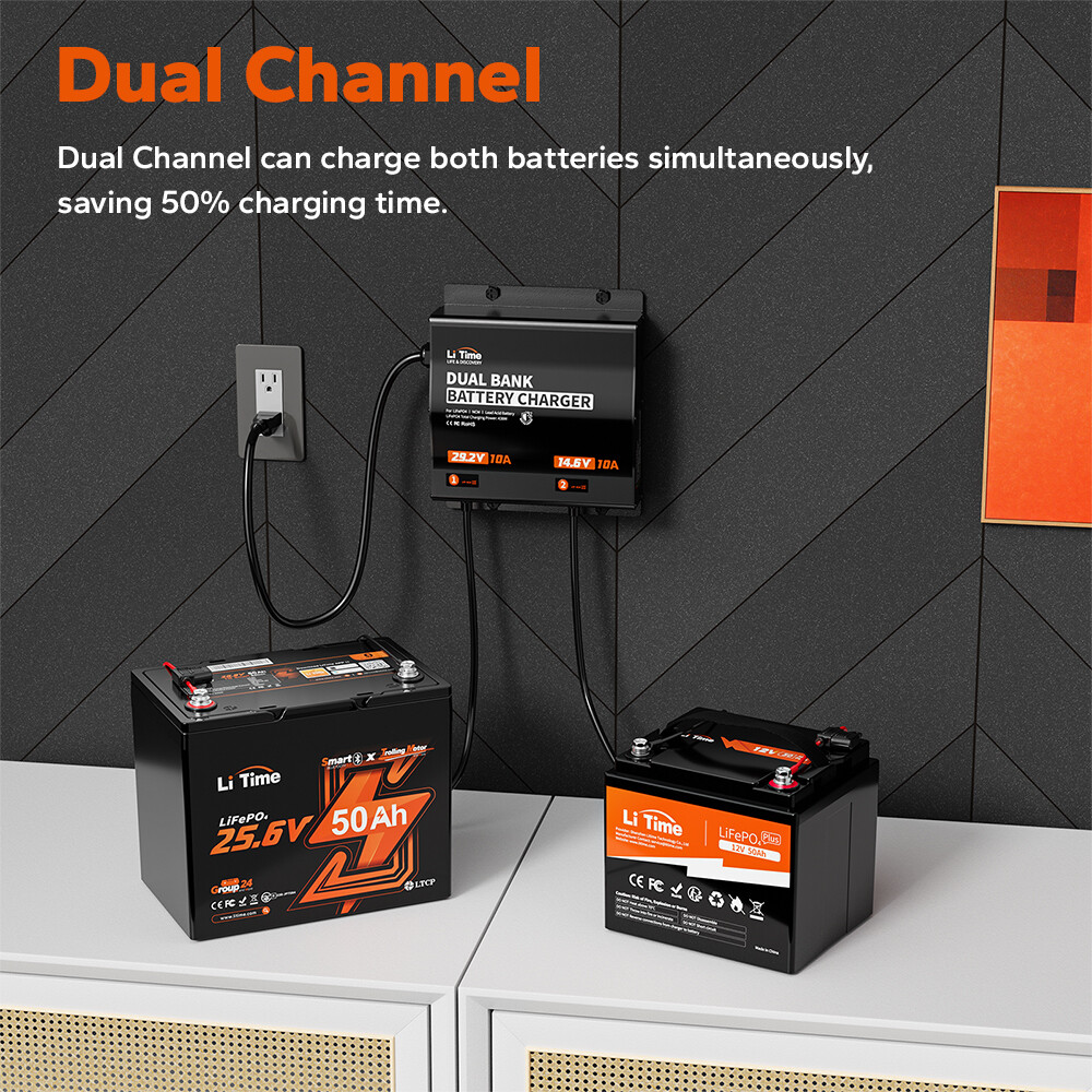 LiTime 14.6V 10A+29.2V 10A Dual Bank Battery Charger for LiFePO4 Lead Acid NCM
