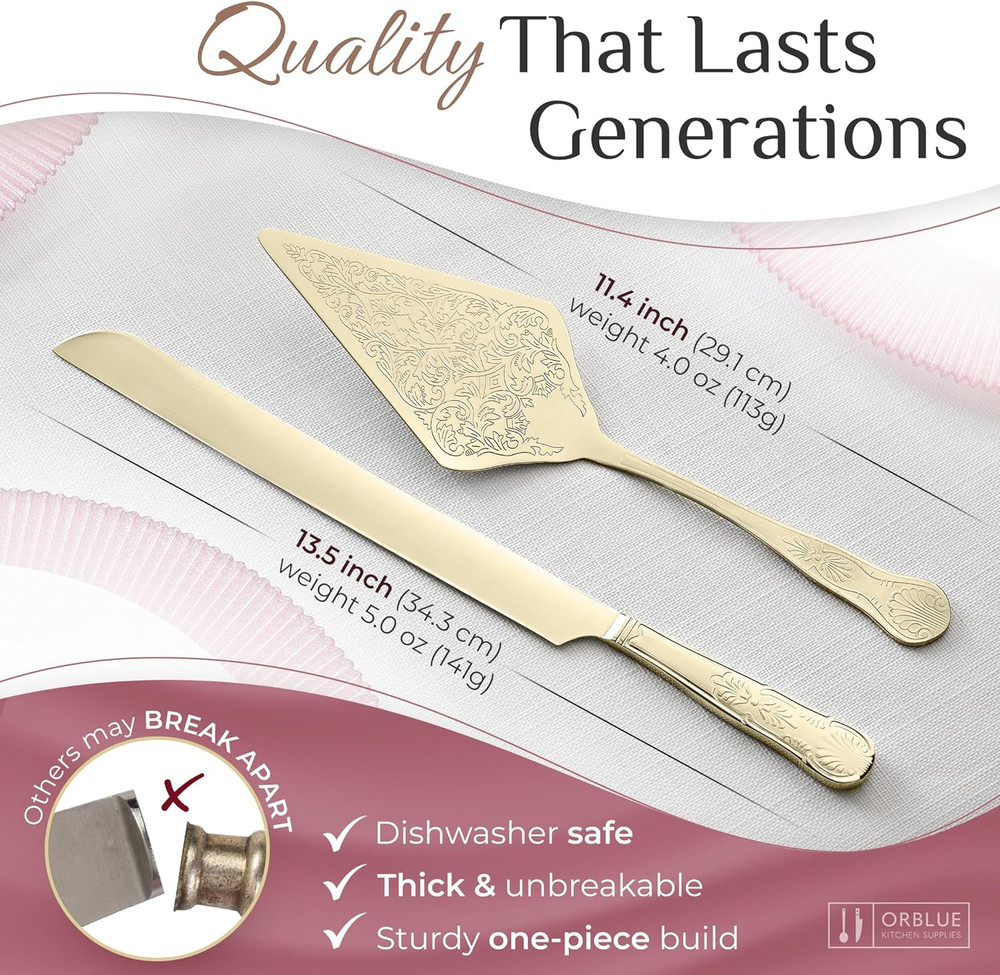 Wedding Cake Knife and Server Set - Premium, Beautifully Engraved Cutting Set -