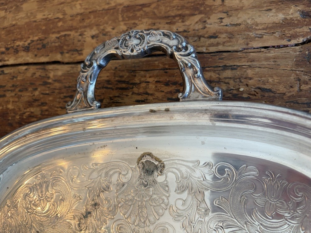 Vintage Silver Tone Embossed Tray With Handles 20x14