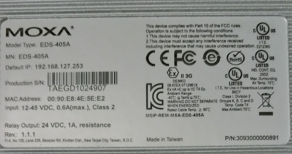 MOXA model EDS-405A Entry-level managed Ethernet switch. Version 1.1.1.
