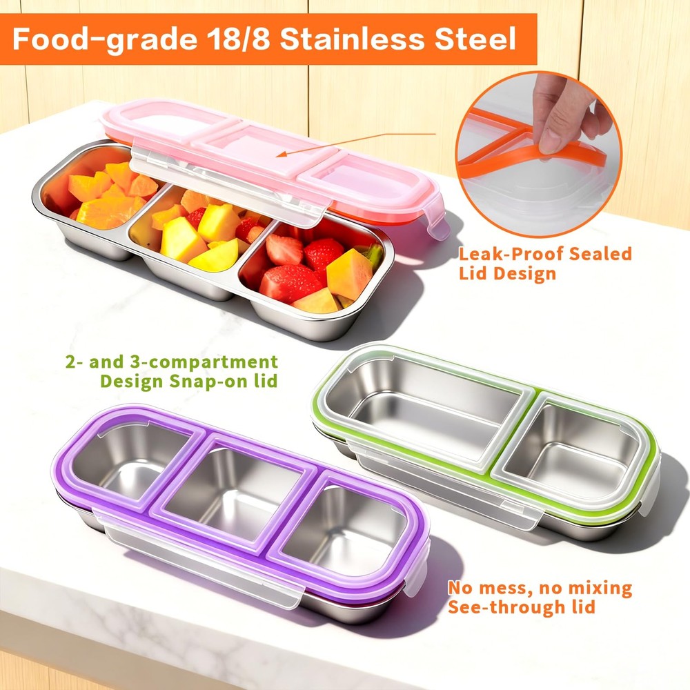 4 Pack Stainless Steel Snack Containers with Lids, 3-Compartments Reusable Lu...