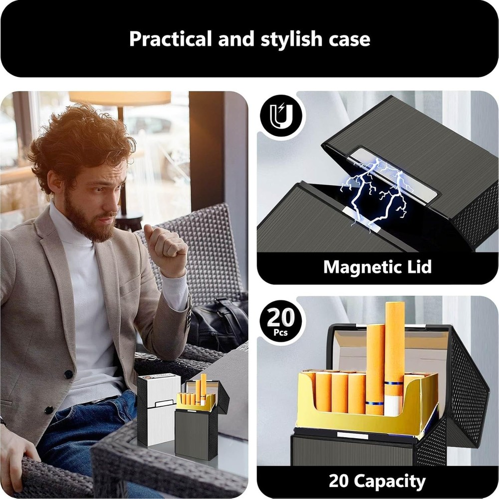 Cigarette Case with Lighter for 100Mm 100’S King Size, Rechargeable 20 Capacity