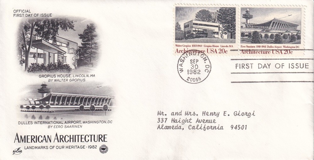 STAMP US SCOTT 2021, 2022 "American Architecture" 20 CENT 1982 FDC - E