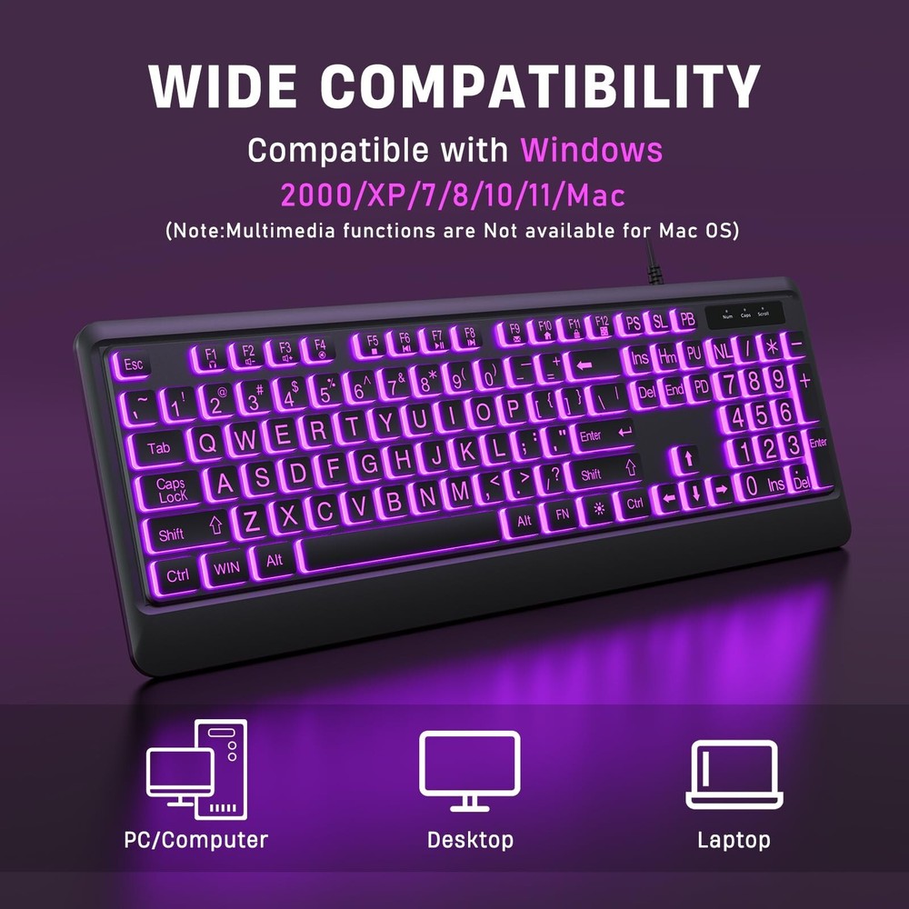 Large Print Keyboard - 7 Interchangeable Backlight Colors, Light Up USB Wired...