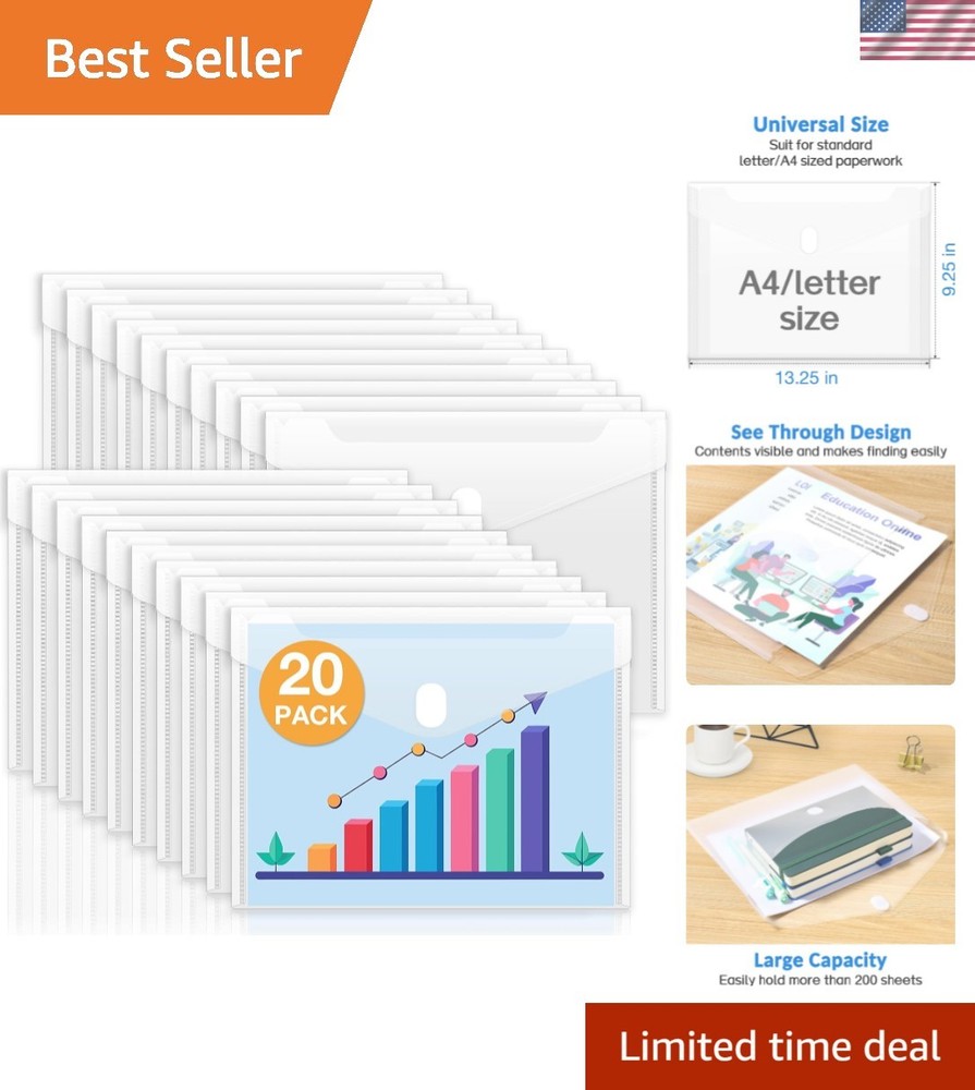 Clear Plastic Document Envelopes - Large Capacity 20 Pack for Easy Organization