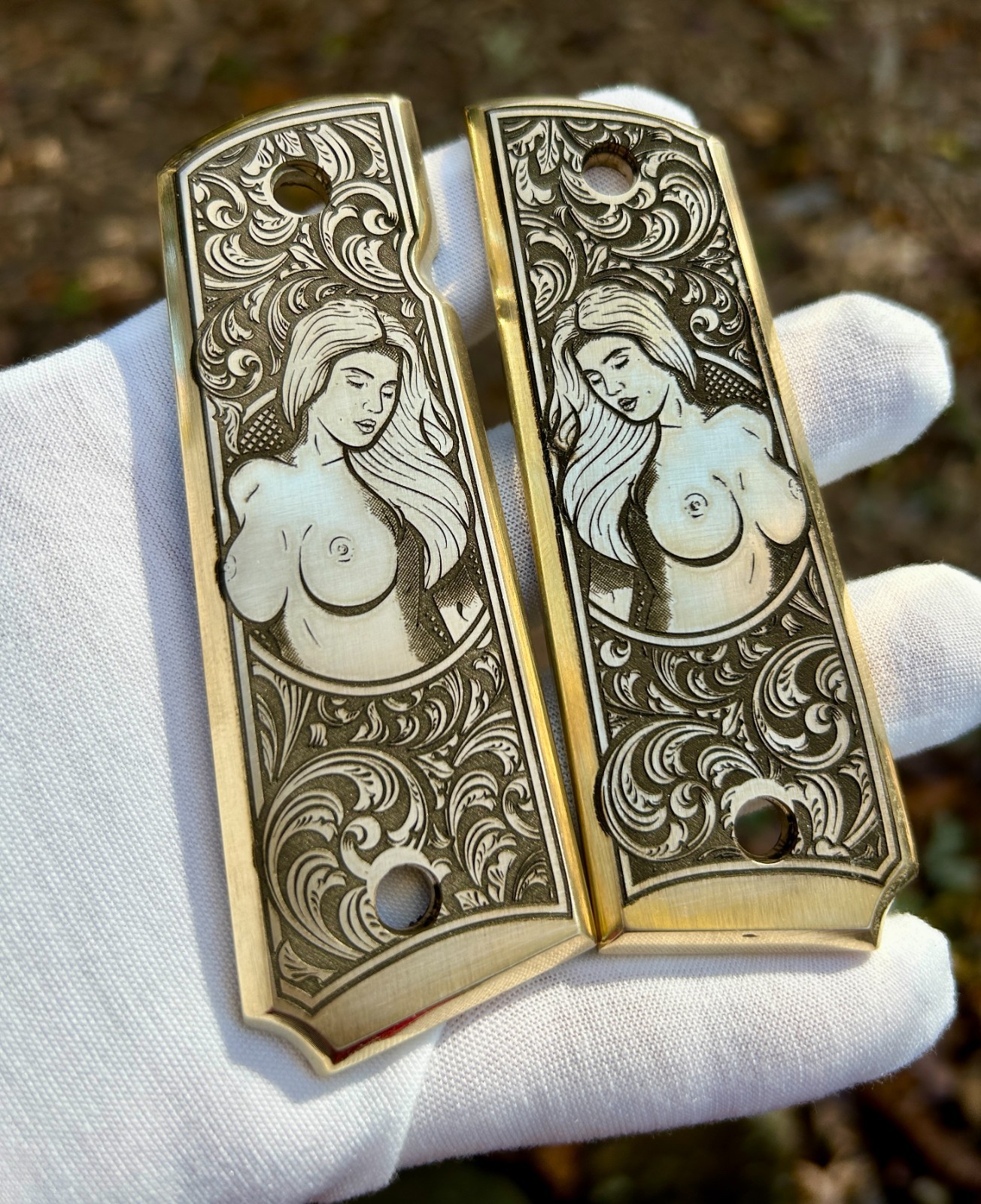 Brass Engraved 1911 Full Size Grips - Pinup Girl Design - Made in USA