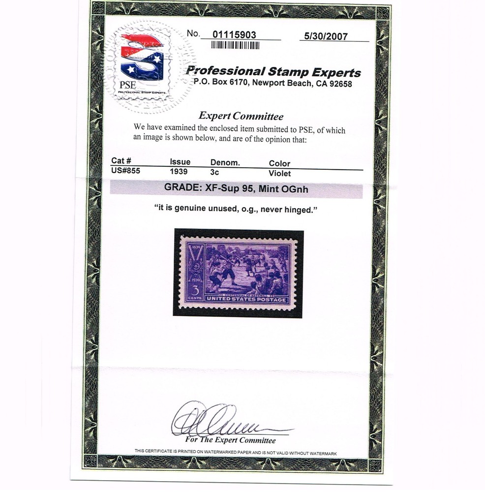 EXCEPTIONAL GENUINE SCOTT #855 MINT PRISTINE OG NH PSE CERT GRADED XF-SUPERB 95