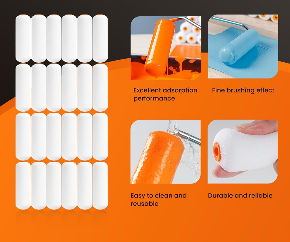 Foam Paint Roller, 24 Pack, 4 Inch Mini Paint Roller Covers, High Density Foam