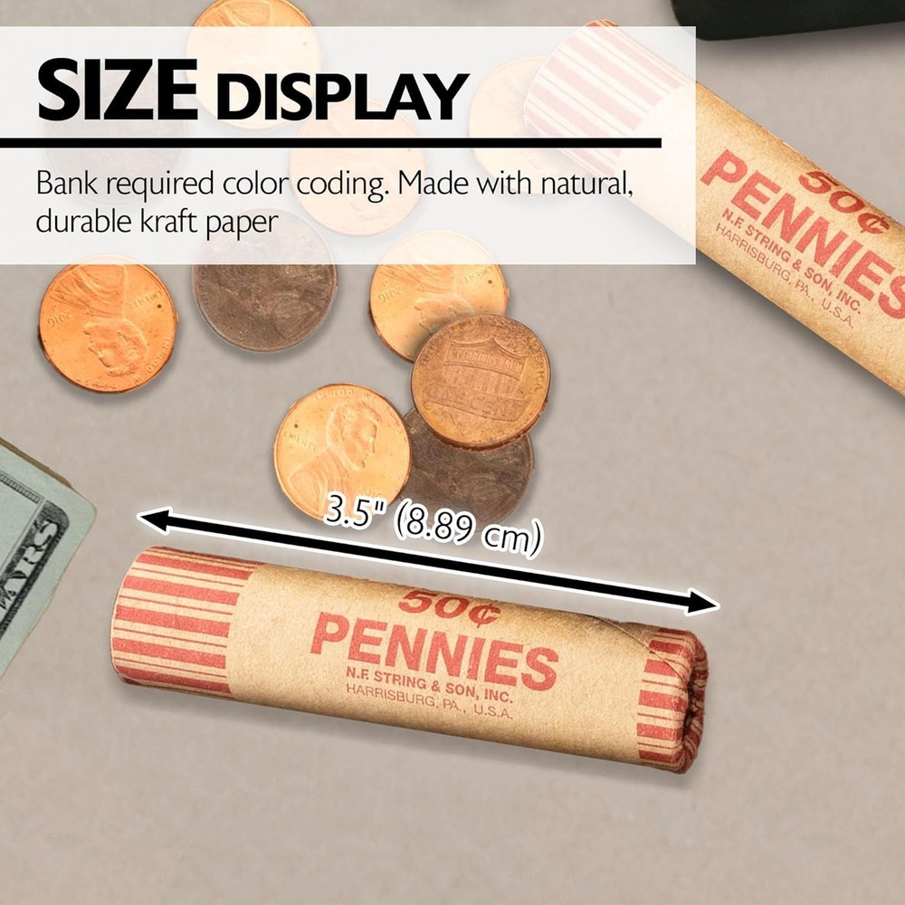 Bazic Coin Wrappers - 36 Color-Coded Penny Rolls for Efficient Coin Counting