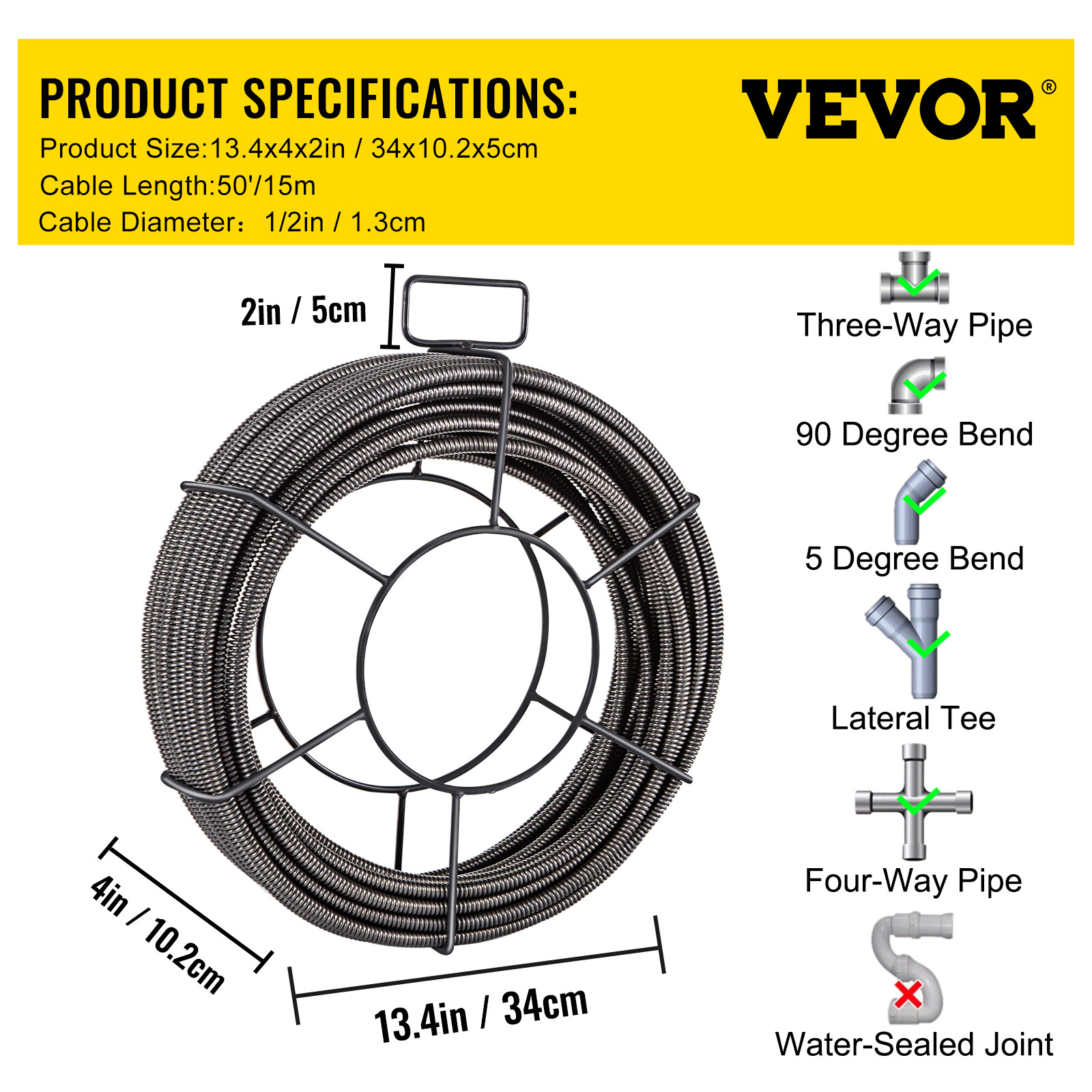 VEVOR Drain Cable Sewer Cable 50Ft 1/2In Drain Cleaning Cable Auger Snake Pipe