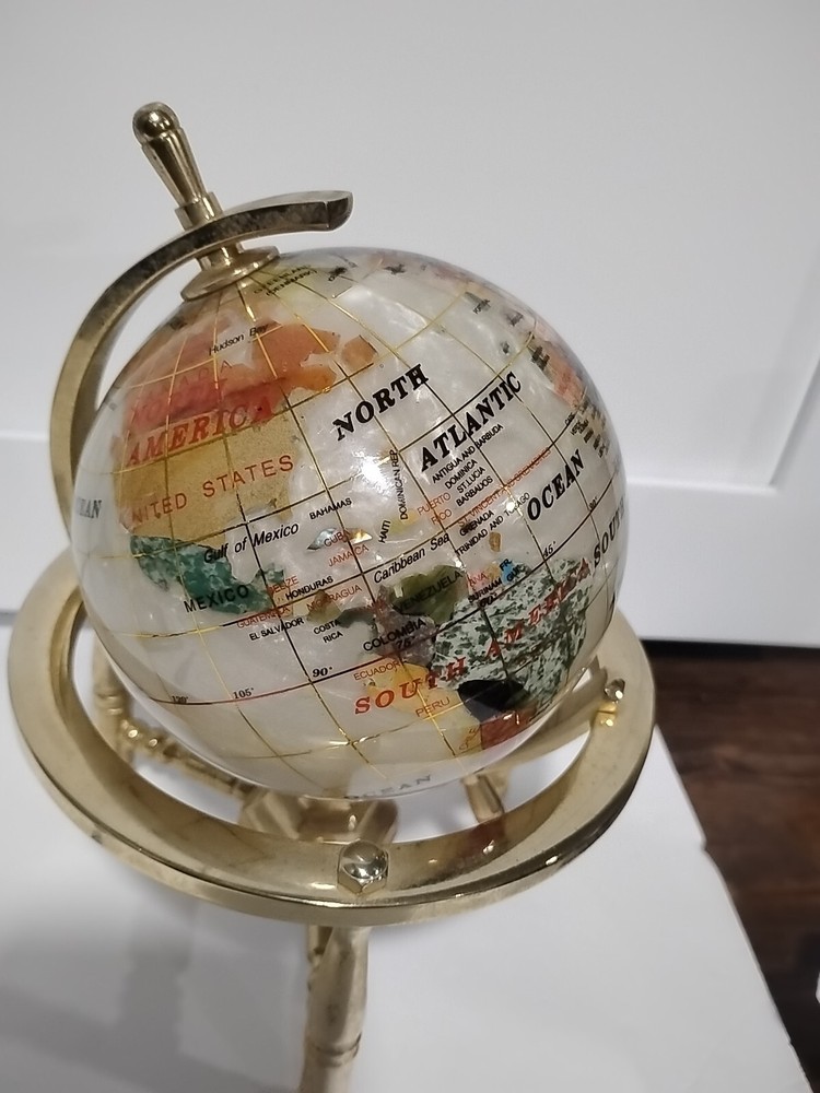 8" Tall Table Top Gold Stand White Pearl Gem Gemstone World Globe Map