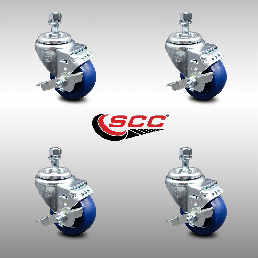 3 Inch SS Solid Polyurethane Swivel 3/8 Inch Threaded Stem Caster Set Brake SCC