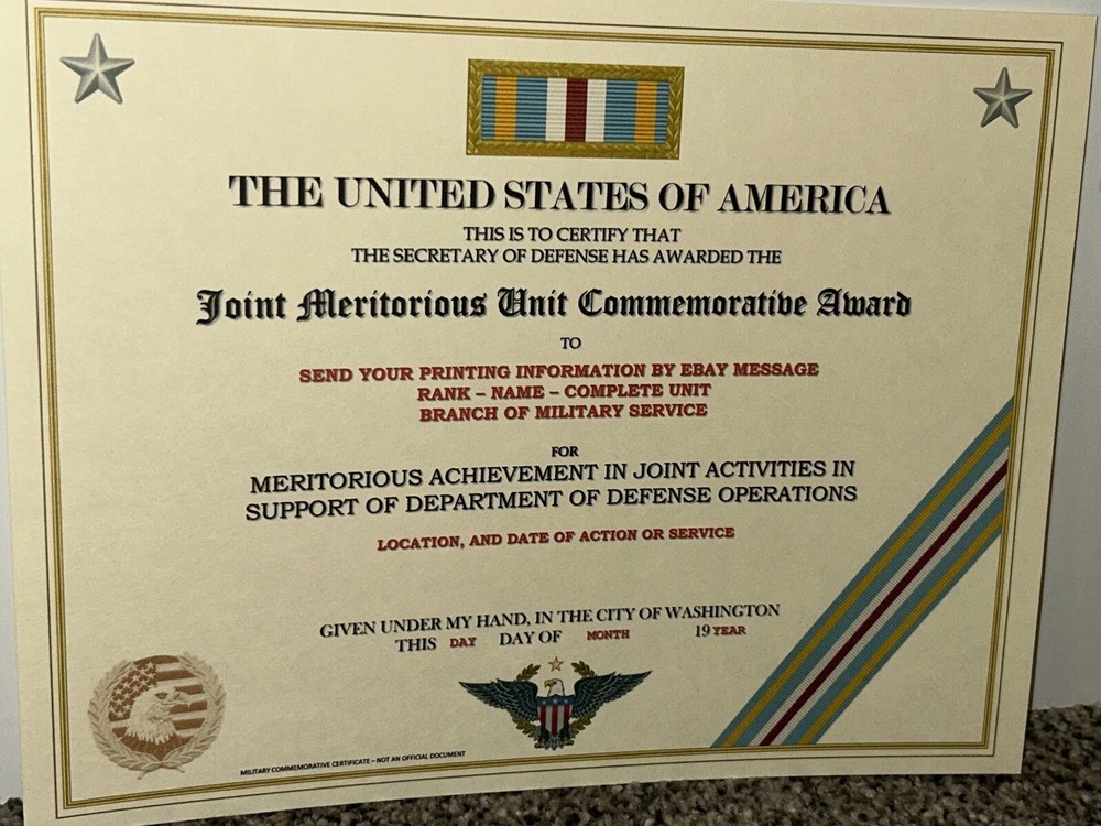 JOINT MERITORIOUS UNIT COMMEMORATIVE AWARD CERTIFICATE ~W/PRINTING T-1