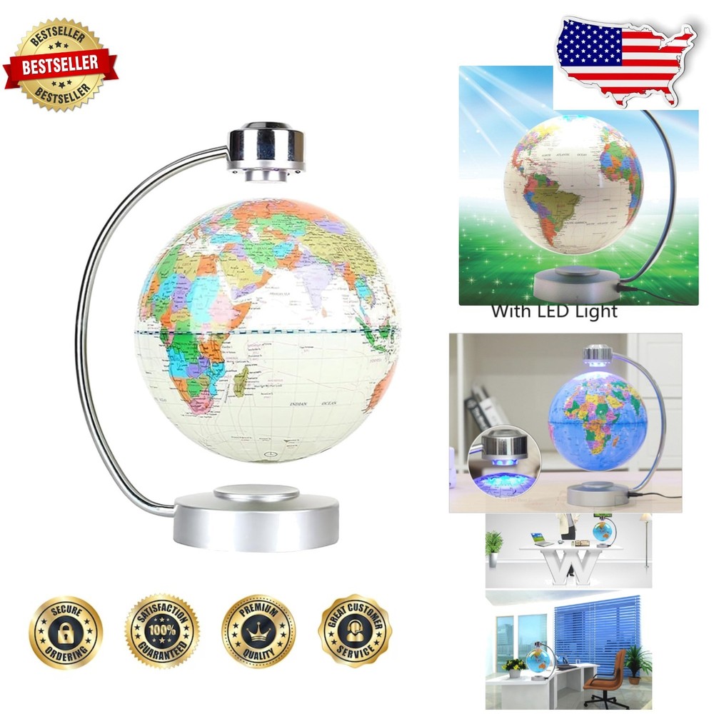 Floating 8" World Map Globe Magnetic Levitation LED Illuminated White