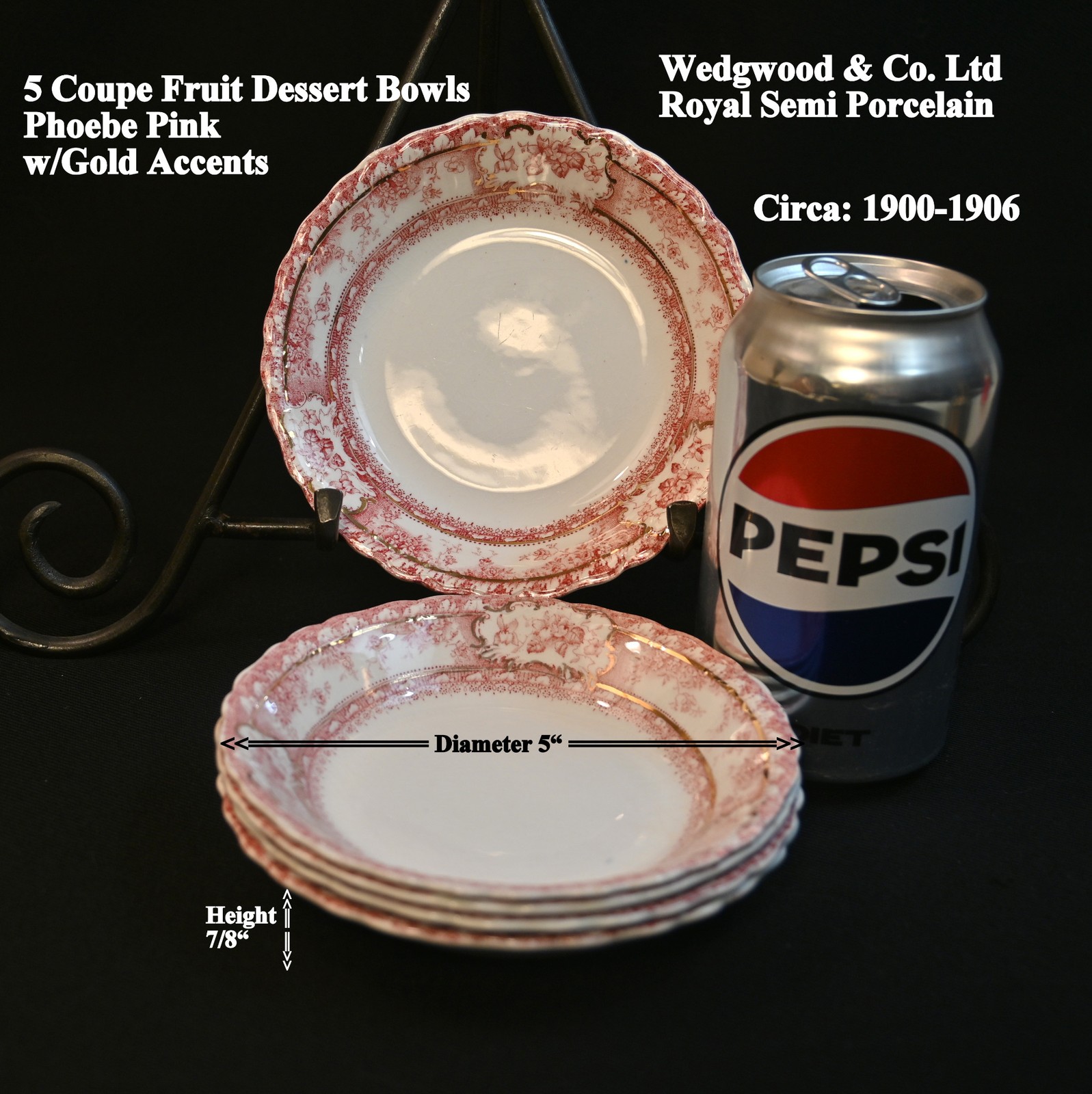 Wedgwood 5 Fruit Dessert Bowls Coupe Phoebe Pink wGold Accents England 1900-1906