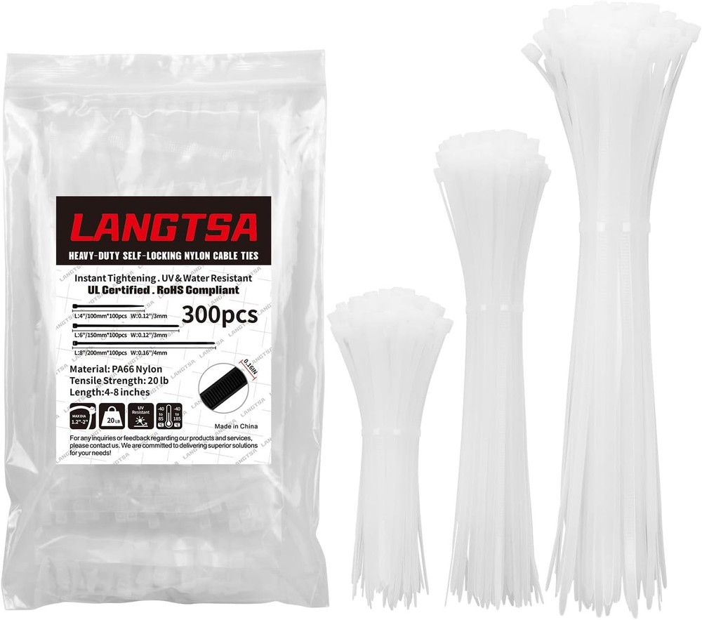 Nylon Zip Ties 300pk, LANGTSA 4-8" White