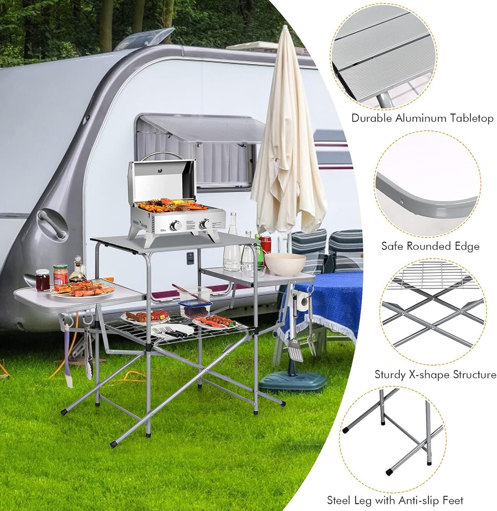 Folding Grill Table with 26'' Main Tabletop, Portable Aluminum Camping Table, Ca