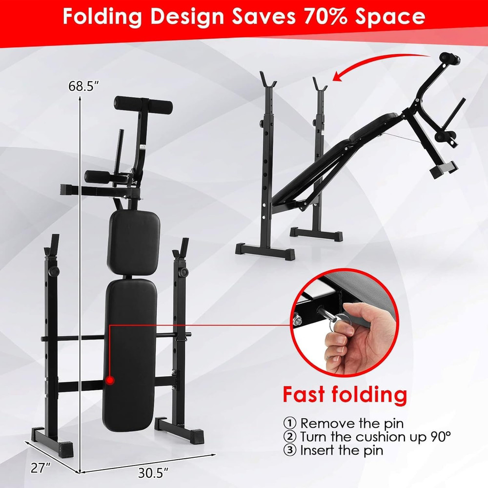 Adjustable Weight Bench, Foldable Weight Bench with Squat Racks, Leg Extension &