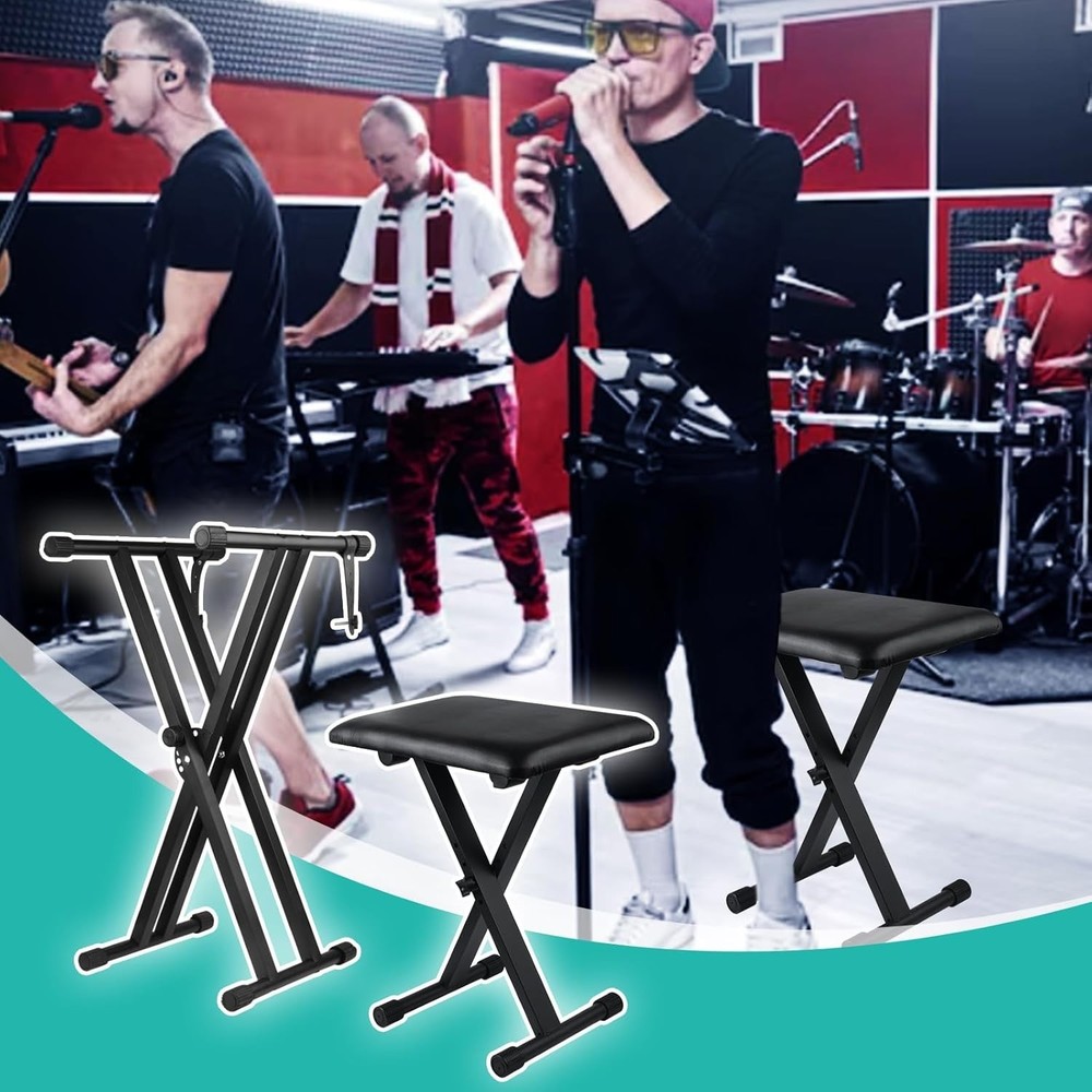 Keyboard Stand & Bench Set Double X Adjustable Piano Stand Black