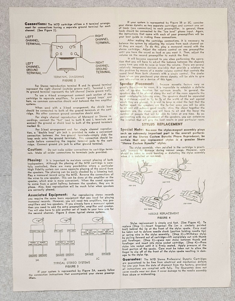 Shure M7D Stereo Custom Dynetic Phono Cartridge Data Sheet