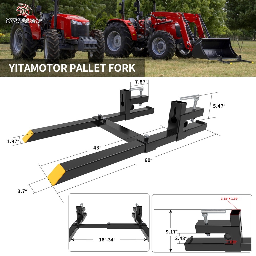 60" Pallet Fork w/ Stabilizer Bar Skid Steer Loader Quick Attach Clamp 4000lb